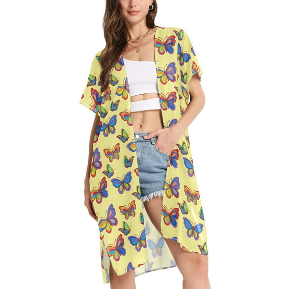 joogoo Women's Butterfly on Yellow Beach Cover Up Kimono Swimsuit Summer Cardigan Swimwear M