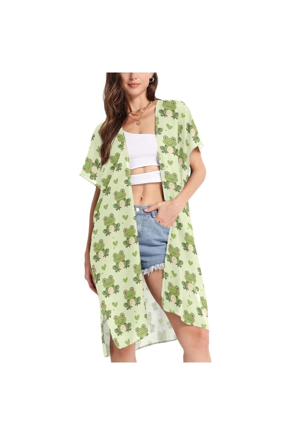 Women's Cartoon Cute Frog Beach Cover Up Kimono Swimsuit Summer Cardigan Swimwear L