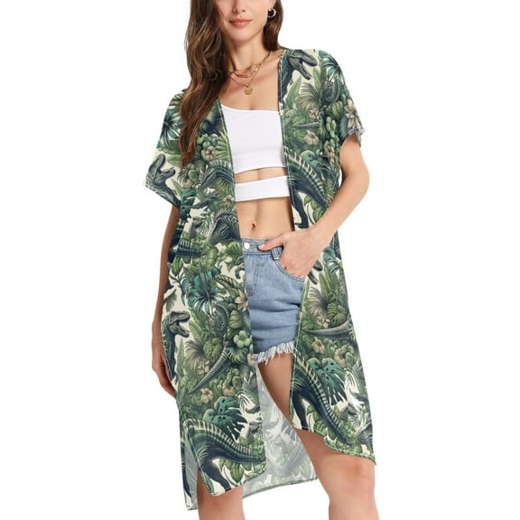 joogoo Women's Dinosaurs in Tropical Plant Beach Cover Up Kimono Swimsuit Summer Cardigan Swimwear S