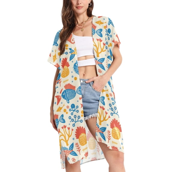 joogoo Women's Fish and Seahorse Beach Cover Up Kimono Swimsuit Summer Cardigan Swimwear S
