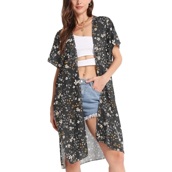 joogoo Women's Flower on Black Beach Cover Up Kimono Swimsuit Summer Cardigan Swimwear M