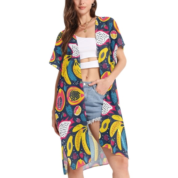 joogoo Women's Fruit Banana Beach Cover Up Kimono Swimsuit Summer Cardigan Swimwear M