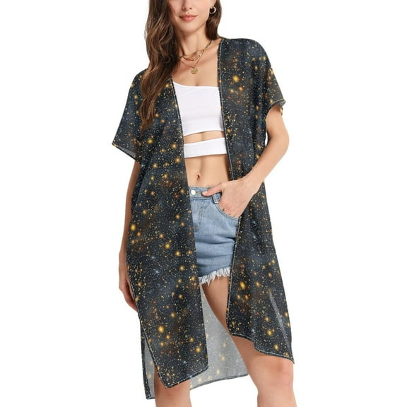 joogoo Women's Glitter Shiny Galaxy Beach Cover Up Kimono Swimsuit Summer Cardigan Swimwear M