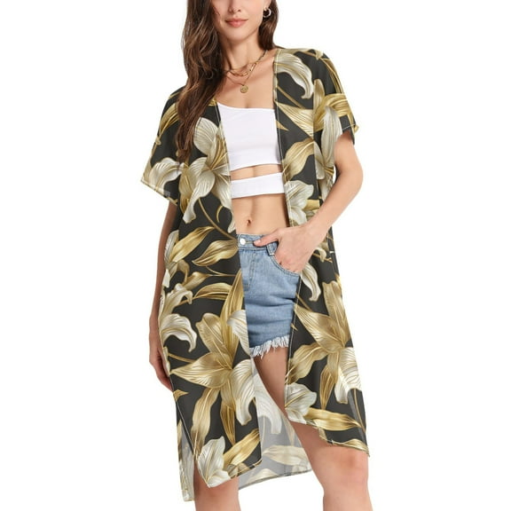joogoo Women's Golden Flower Beach Cover Up Kimono Swimsuit Summer Cardigan Swimwear S