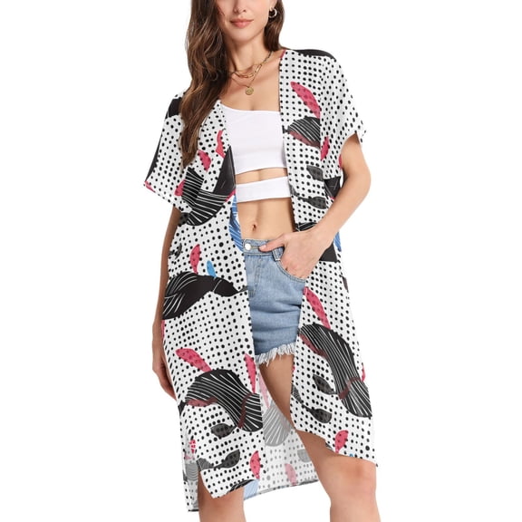 joogoo Women's Graffiti Leave and Polka Dots Beach Cover Up Kimono Swimsuit Summer Cardigan Swimwear L