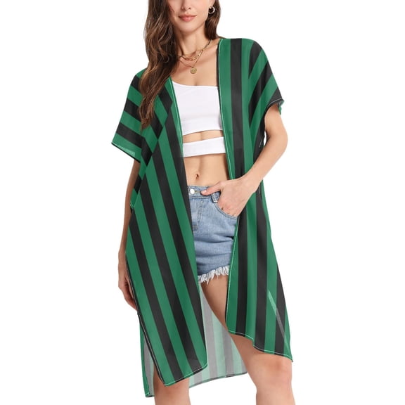 joogoo Women's Green and Black Stripes Beach Cover Up Kimono Swimsuit Summer Cardigan Swimwear L