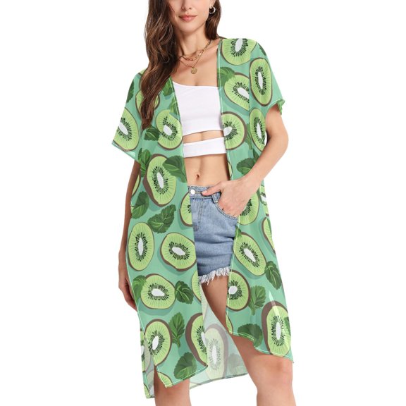 joogoo Women's Kiwifruit and Leaves Beach Cover Up Kimono Swimsuit Summer Cardigan Swimwear M
