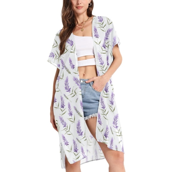 joogoo Women's Lavender Flower Beach Cover Up Kimono Swimsuit Summer Cardigan Swimwear S