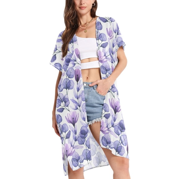 joogoo Women's Leaves and Flowers Purple Beach Cover Up Kimono Swimsuit Summer Cardigan Swimwear M