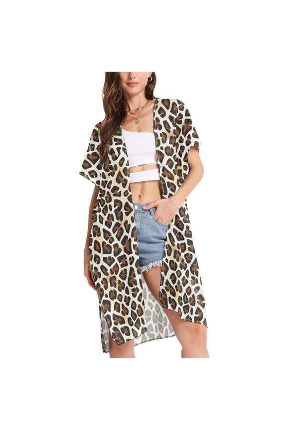 Women's Leopard Animal Skin Beach Cover Up Kimono Swimsuit Summer Cardigan Swimwear L