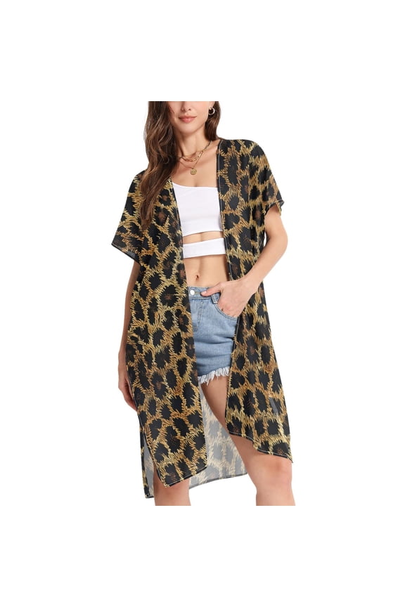 Women's Leopard Pattern Beach Cover Up Kimono Swimsuit Summer Cardigan Swimwear L