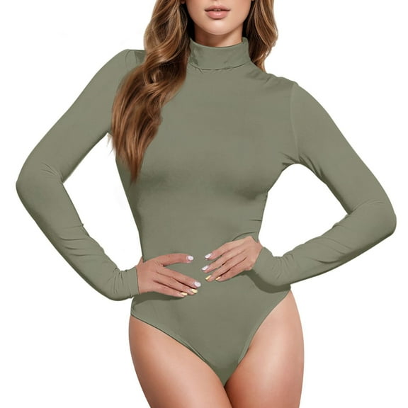joogoo Women's Mock Turtle Neck Long Sleeve Bodysuit Tops Olive Green Stretchy Romper Jumpsuit S