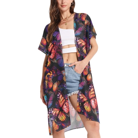 joogoo Women's Orange Purple Butterfly Beach Cover Up Kimono Swimsuit Summer Cardigan Swimwear S