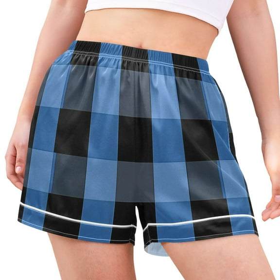 joogoo Women's Pajama Lounge Shorts Blue Checkered Grid Pattern Bottoms Sleep Short S