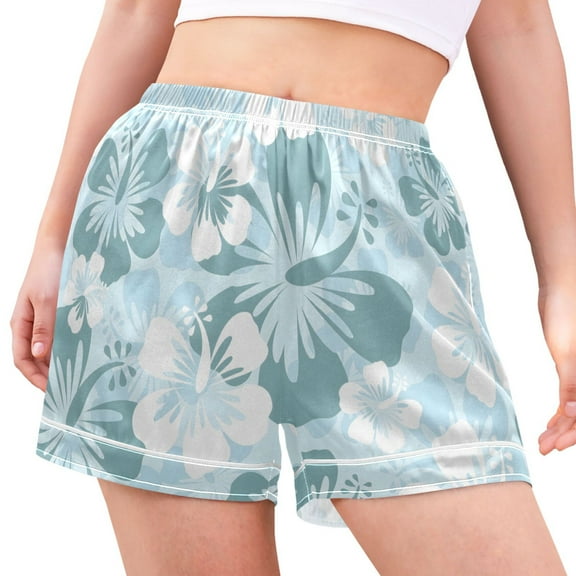 joogoo Women's Pajama Lounge Shorts Hibiscus with Blue and White Bottoms Sleep Short XXL