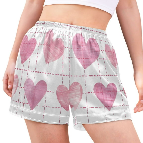 joogoo Women's Pajama Lounge Shorts Pink Hearts Checkered Pattern Bottoms Sleep Short M