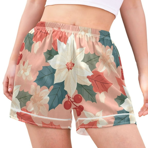 joogoo Women's Pajama Lounge Shorts Poinsettia Flower Cherry Bottoms Sleep Short M