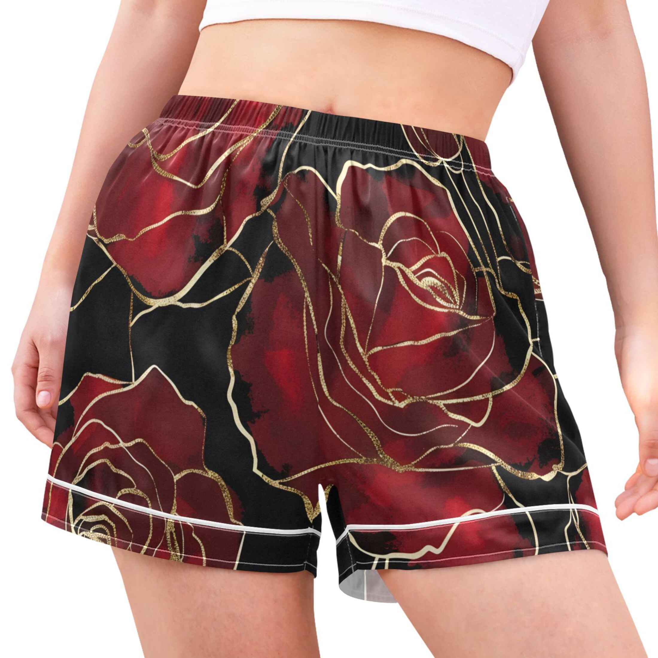Golden Bottom joogoo Women's Pajama Lounge Shorts Red Rose Flower with Gold Bottoms ...
