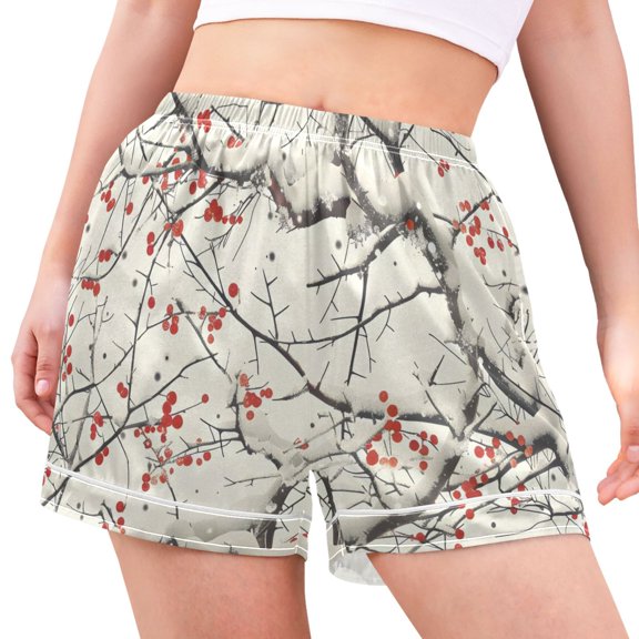 joogoo Women's Pajama Lounge Shorts Winter Cherry Floral Bottoms Sleep Short S