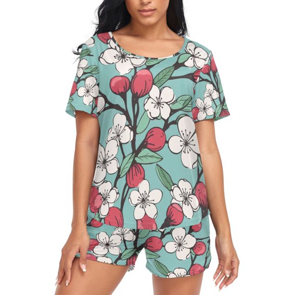 joogoo Women's Pajama Set Abstract Cherry Flowers Short Sleepwear Loungewear with Pockets L