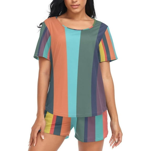 joogoo Women's Pajama Set Abstract Colorful Stripes Short Sleepwear Loungewear with Pockets S