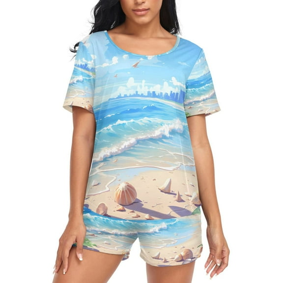 joogoo Women's Pajama Set Beach and Blue Sky Short Sleepwear Loungewear with Pockets XL