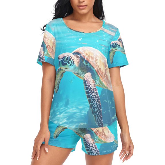 joogoo Women's Pajama Set Big Sea Turtle in Sea Short Sleepwear Loungewear with Pockets S