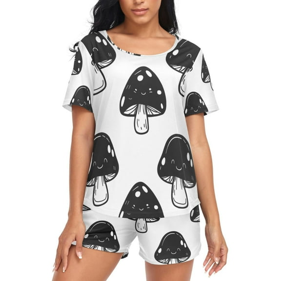 joogoo Women's Pajama Set Black Mushrooms Short Sleepwear Loungewear with Pockets XXL