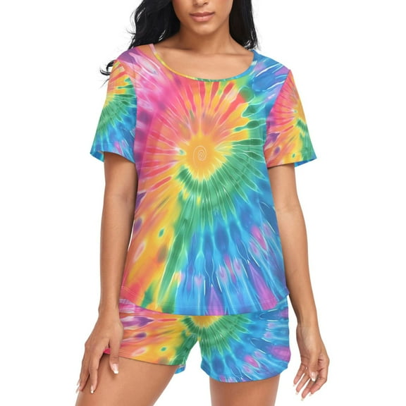 joogoo Women's Pajama Set Blue Tie Dye Short Sleepwear Loungewear with Pockets M