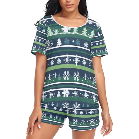 joogoo Women's Pajama Set Boho Snowflake on Stripe Short Sleepwear Loungewear with Pockets XL