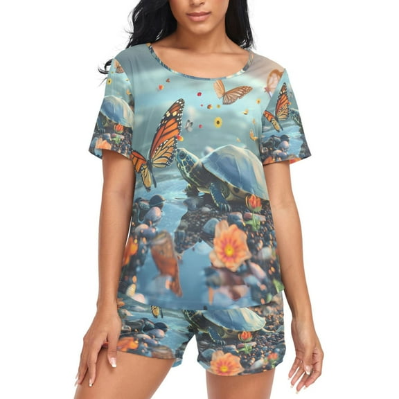 joogoo Women's Pajama Set Butterflies Turtle Landscape Short Sleepwear Loungewear with Pockets XL