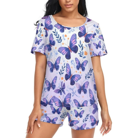 joogoo Women's Pajama Set Butterflies in Purple Short Sleepwear Loungewear with Pockets XL