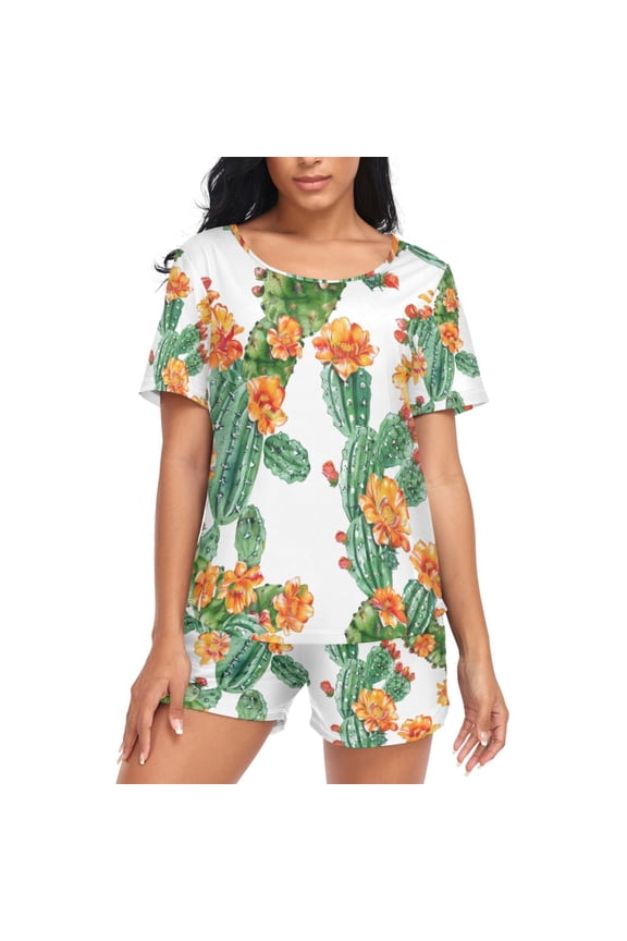 Women's Pajama Set Cactus with Flower Short Sleepwear Loungewear with Pockets XXL