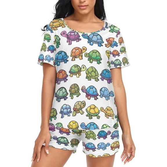 joogoo Women's Pajama Set Cartoon Turtle Cute Short Sleepwear Loungewear with Pockets XXL