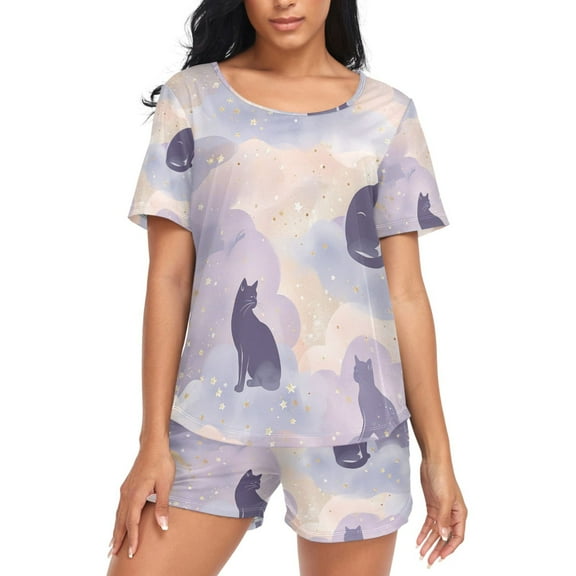 joogoo Women's Pajama Set Cat in Moon Short Sleepwear Loungewear with Pockets S