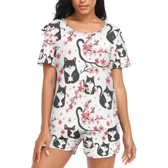 joogoo Women's Pajama Set Cat on Cherry Branch Short Sleepwear Loungewear with Pockets M