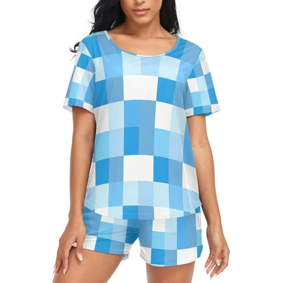 joogoo Women's Pajama Set Checkered Blue and White Short Sleepwear Loungewear with Pockets M