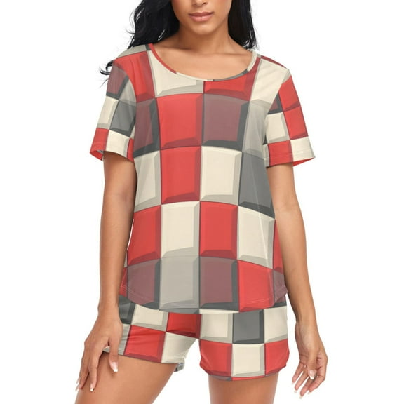 joogoo Women's Pajama Set Checkered Red and Gray Short Sleepwear Loungewear with Pockets S