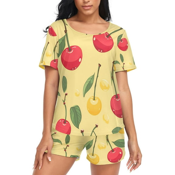 joogoo Women's Pajama Set Cherry Fruits Short Sleepwear Loungewear with Pockets L