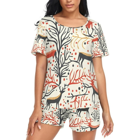 joogoo Women's Pajama Set Christmas Reindeer Trees Short Sleepwear Loungewear with Pockets M