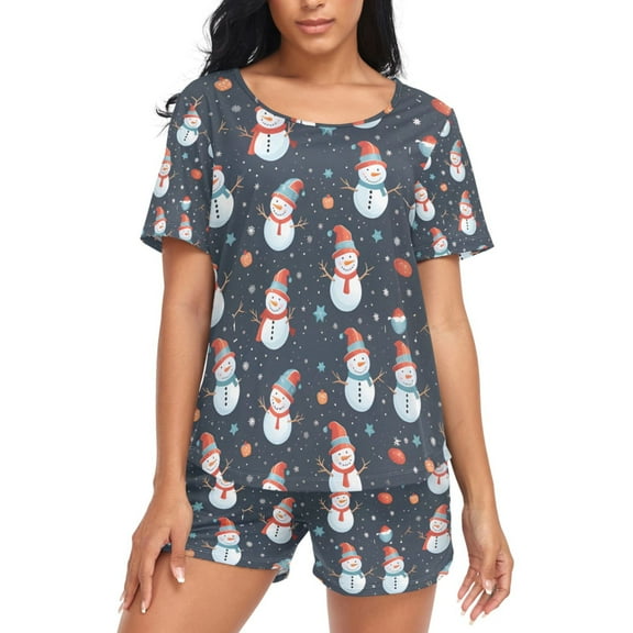 joogoo Women's Pajama Set Christmas Snowmans Short Sleepwear Loungewear with Pockets L