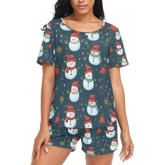 joogoo Women's Pajama Set Christmas Snowmans Short Sleepwear Loungewear with Pockets XL