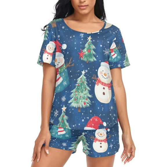 joogoo Women's Pajama Set Christmas Tree Snowman Short Sleepwear Loungewear with Pockets M
