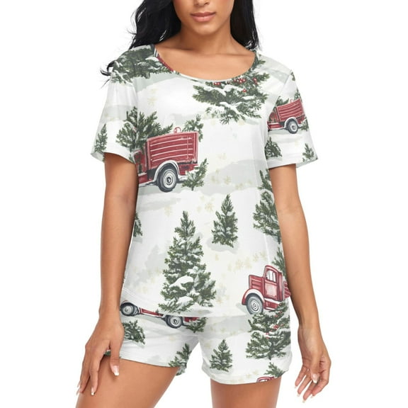 joogoo Women's Pajama Set Christmas Tree on Truck Short Sleepwear Loungewear with Pockets M