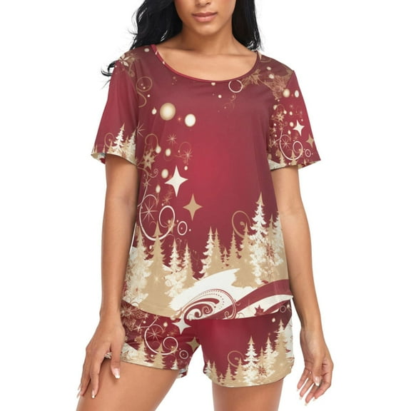 joogoo Women's Pajama Set Christmas Trees Short Sleepwear Loungewear with Pockets L