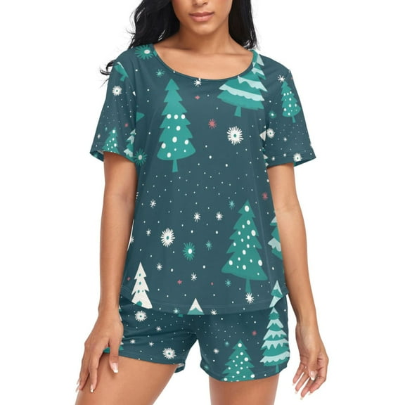 joogoo Women's Pajama Set Christmas Trees Short Sleepwear Loungewear with Pockets XXL