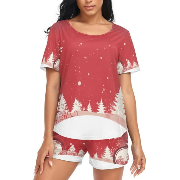 joogoo Women's Pajama Set Christmas Trees and Stars Short Sleepwear Loungewear with Pockets L