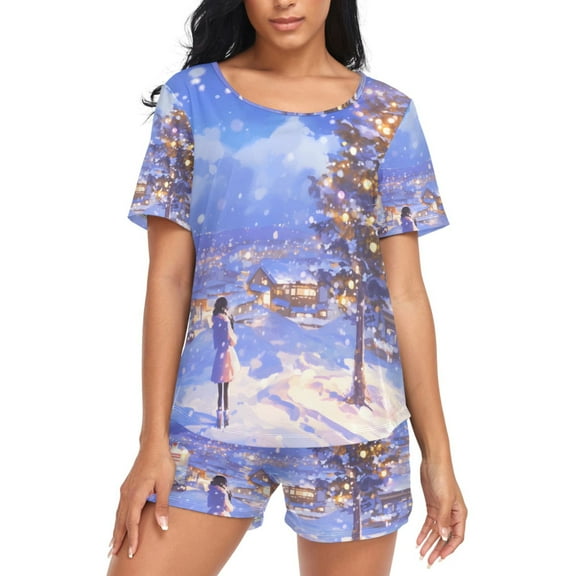 joogoo Women's Pajama Set Christmas Winter Snowflakes Short Sleepwear Loungewear with Pockets XL