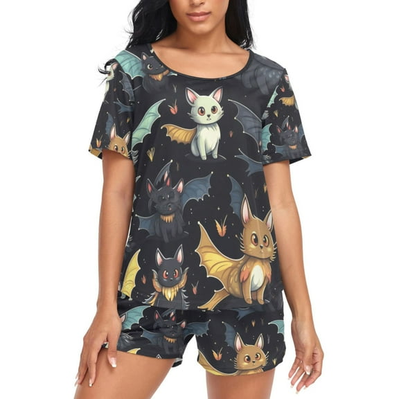 joogoo Women's Pajama Set Cute Cats Bats Short Sleepwear Loungewear with Pockets M