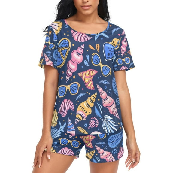 joogoo Women's Pajama Set Cute Conch Sea Shells Short Sleepwear Loungewear with Pockets XL